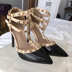Studded point toe strap oh heels